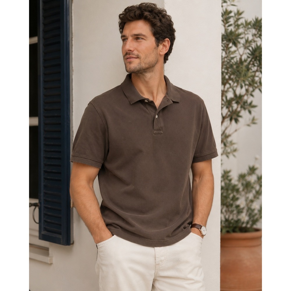 J.Crew Men's Heritage Pique Polo Shirt Brown Short Sleeve Cotton 2025- Medium